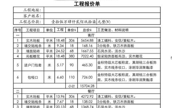 杭州裝修公司裝修報價單